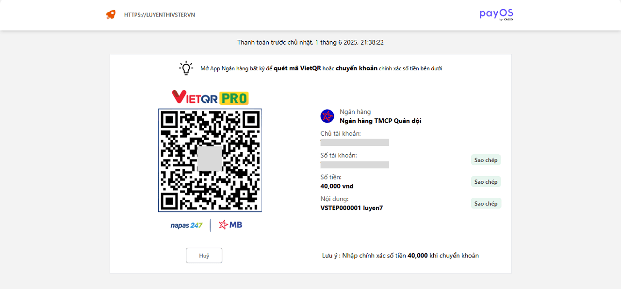 Thanh toán mua lượt chấm bài tự luận VSTEP qua mã QR hoặc chuyển khoản